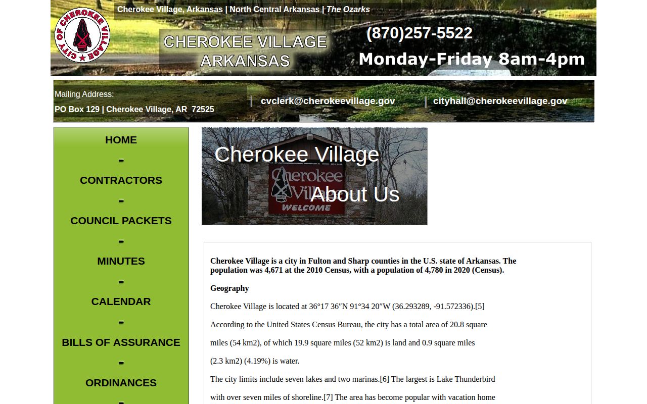 Captured Cherokee Village official city overview page