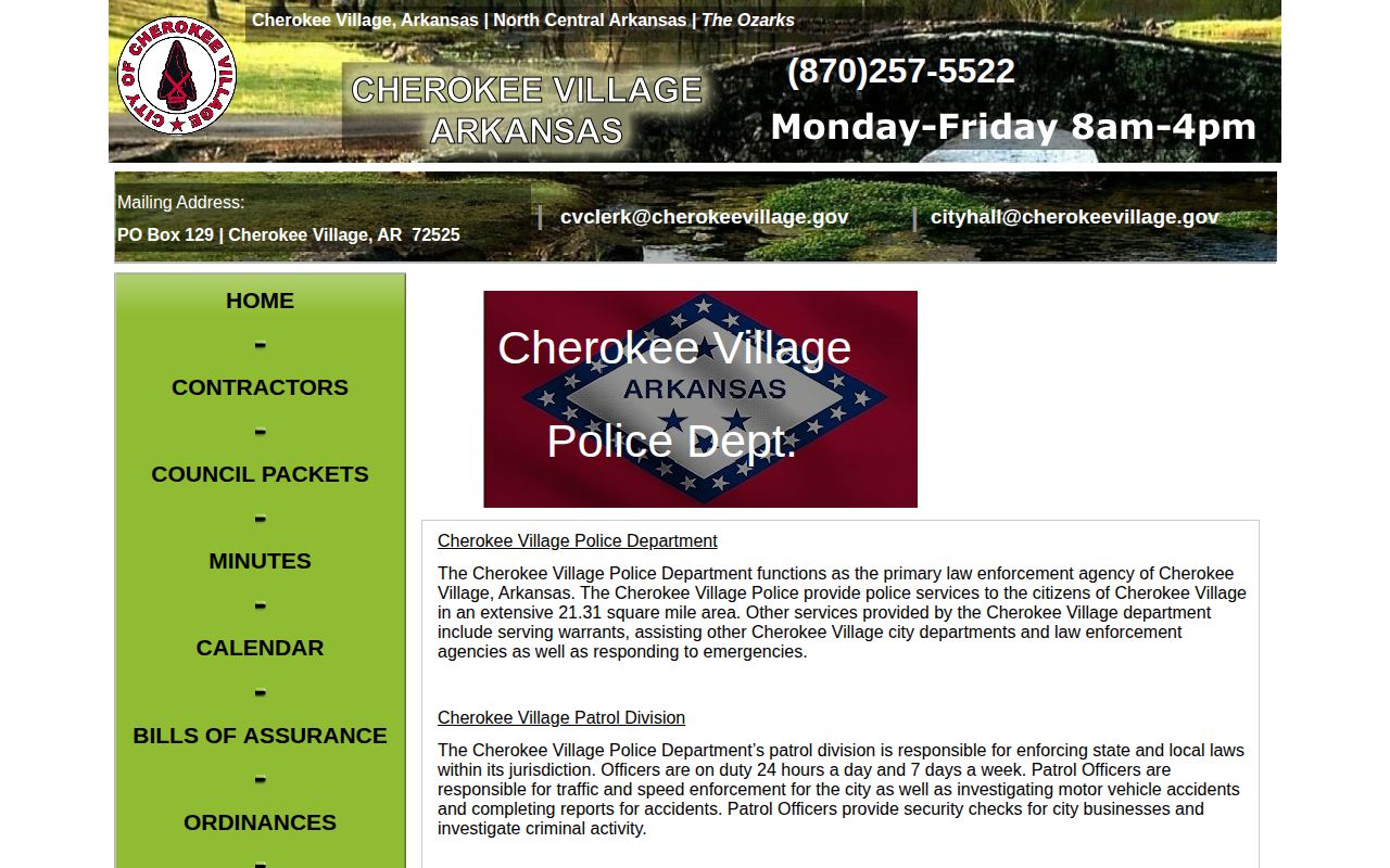 Captured Cherokee Village Police Department contact page