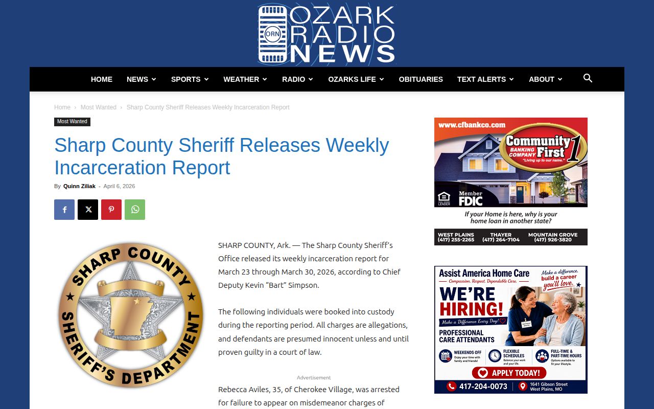 Ozark Radio News Sharp County weekly incarceration report